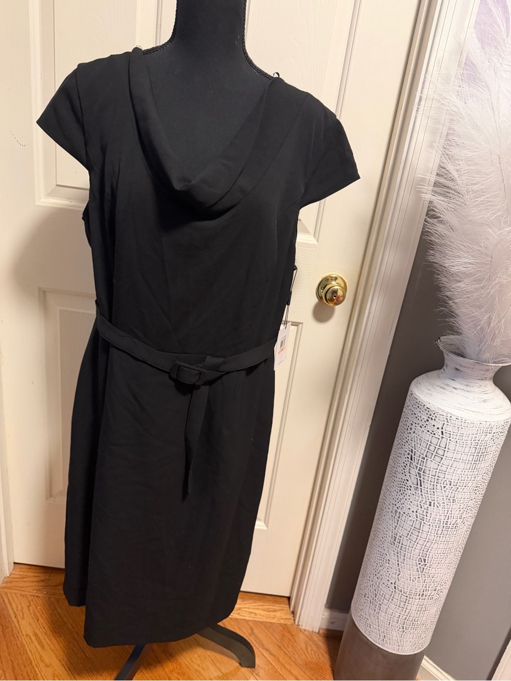 Calvin Klein Black Cowl Neck Belted Sheath Dress 14W NWT